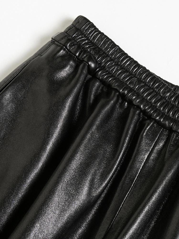 Women Black Genuine Leather Baggy Pants Loose Fit Wide Leg