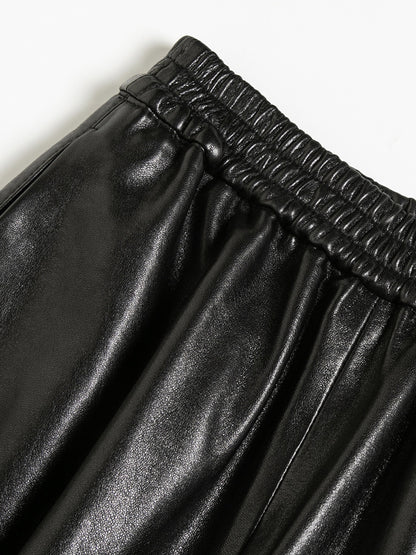 Women Black Genuine Leather Baggy Pants Loose Fit Wide Leg
