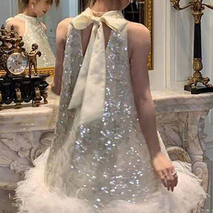 French Sequin Feather Mini Dress Halter Neck