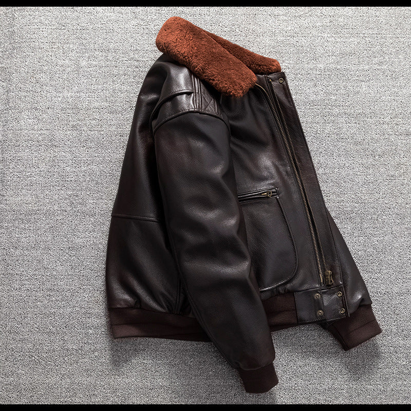 Men’sAviator Leather Flight Jacket with Fur Collar