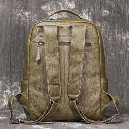 Genuine Leather Backpack Army Green 15 Inch Laptop