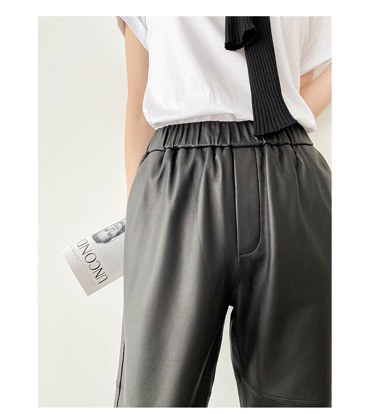 Women Italian Leather Carrot Pants Cropped Straight Leg Elastic Waist