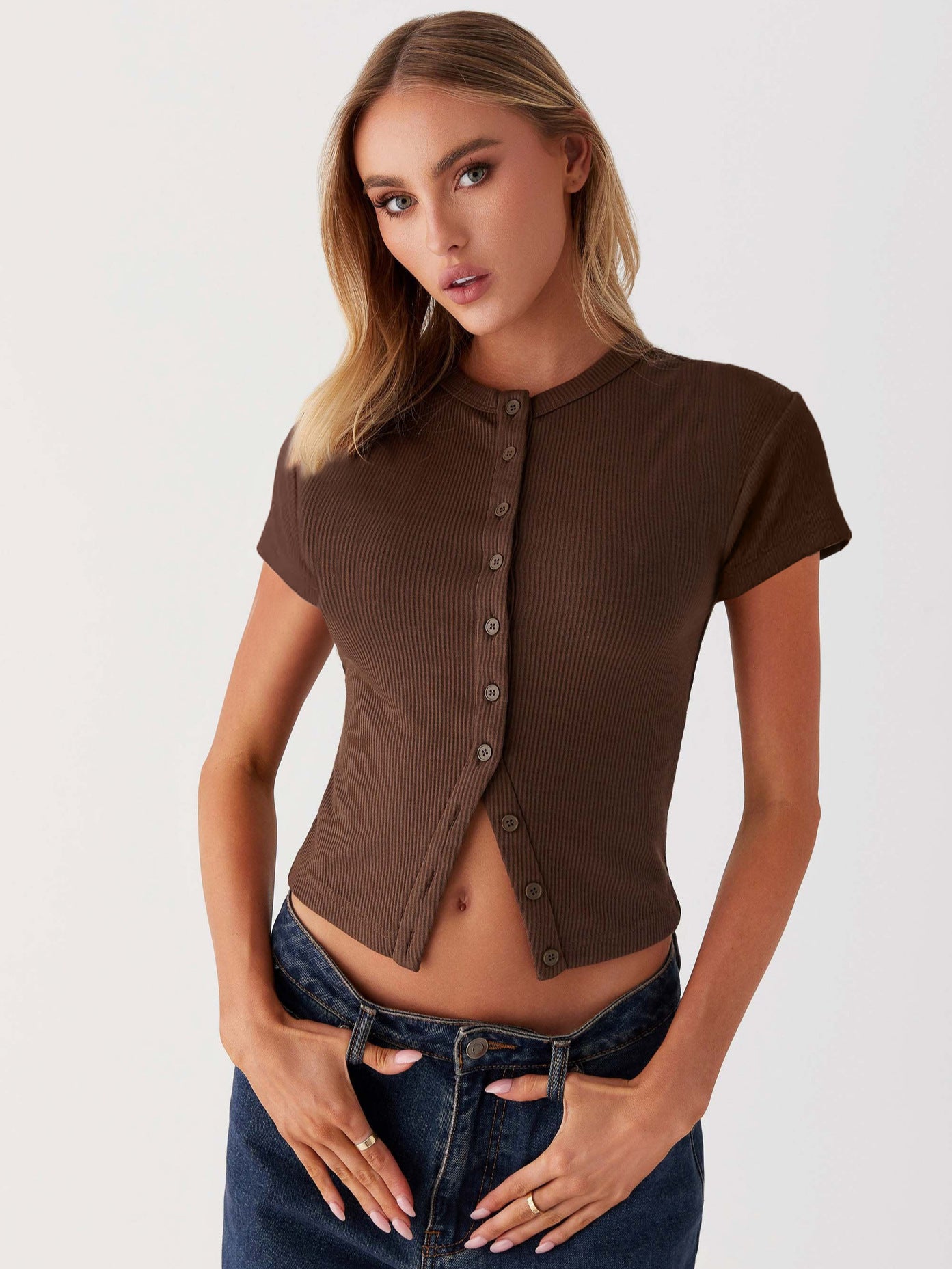 Women Tripe Slim Button Short Sleeve Top