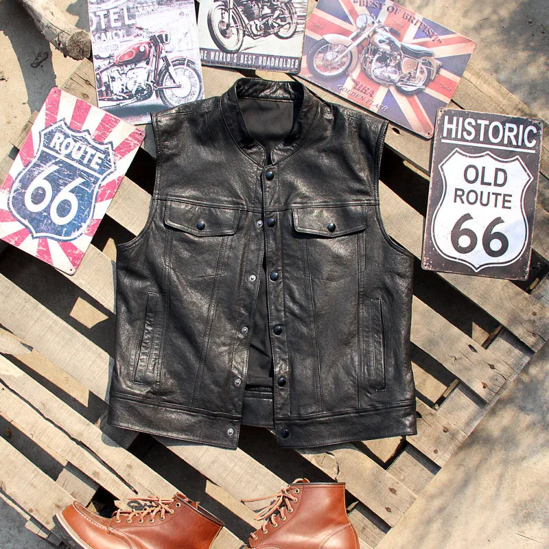 Stand collar lambskin leather motorcycle riding vest