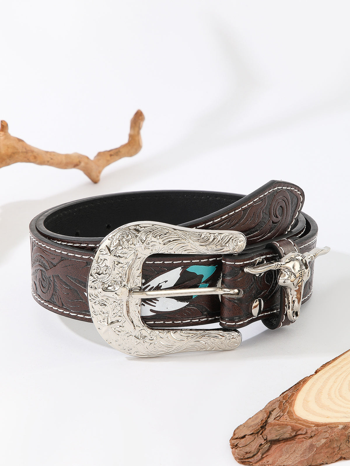 Women’s Western Faux Leather Belt with Ornate Cowgirl Buckle