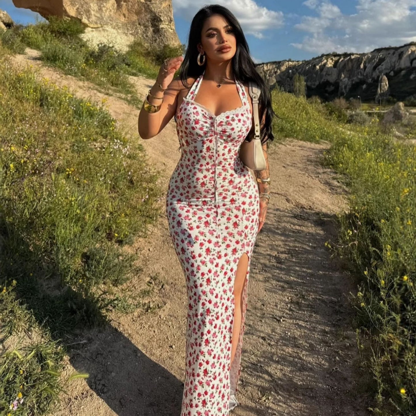 Ruched Side Slit Midi Maxi Dress Boho Summer Floral with Slit