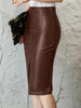 Brown PU Leather High Waist Pencil Skirt with Front Slit