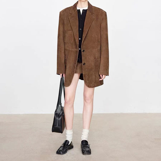 Genuine Leather Suede Jacket Oversized Suit Coat for Women