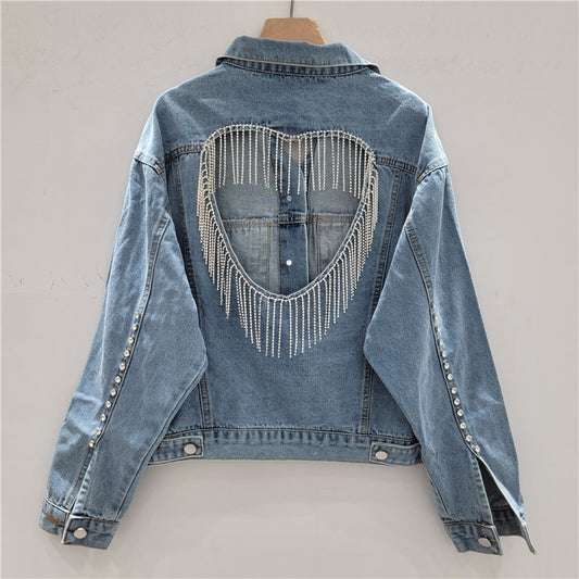 Bride Heart Cutout Denim Jacket with Rhinestone Fringe