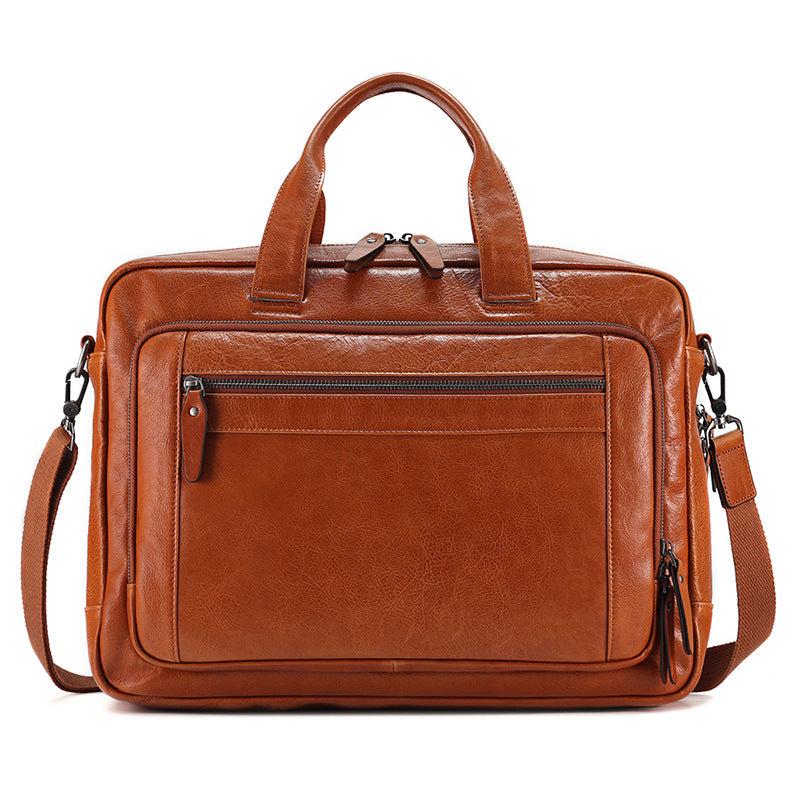 Men Leather Briefcase Office Bag with Trolley Sleeve