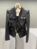 Women Leather Bomber Belted Jacket Black Moto Blazer for Women