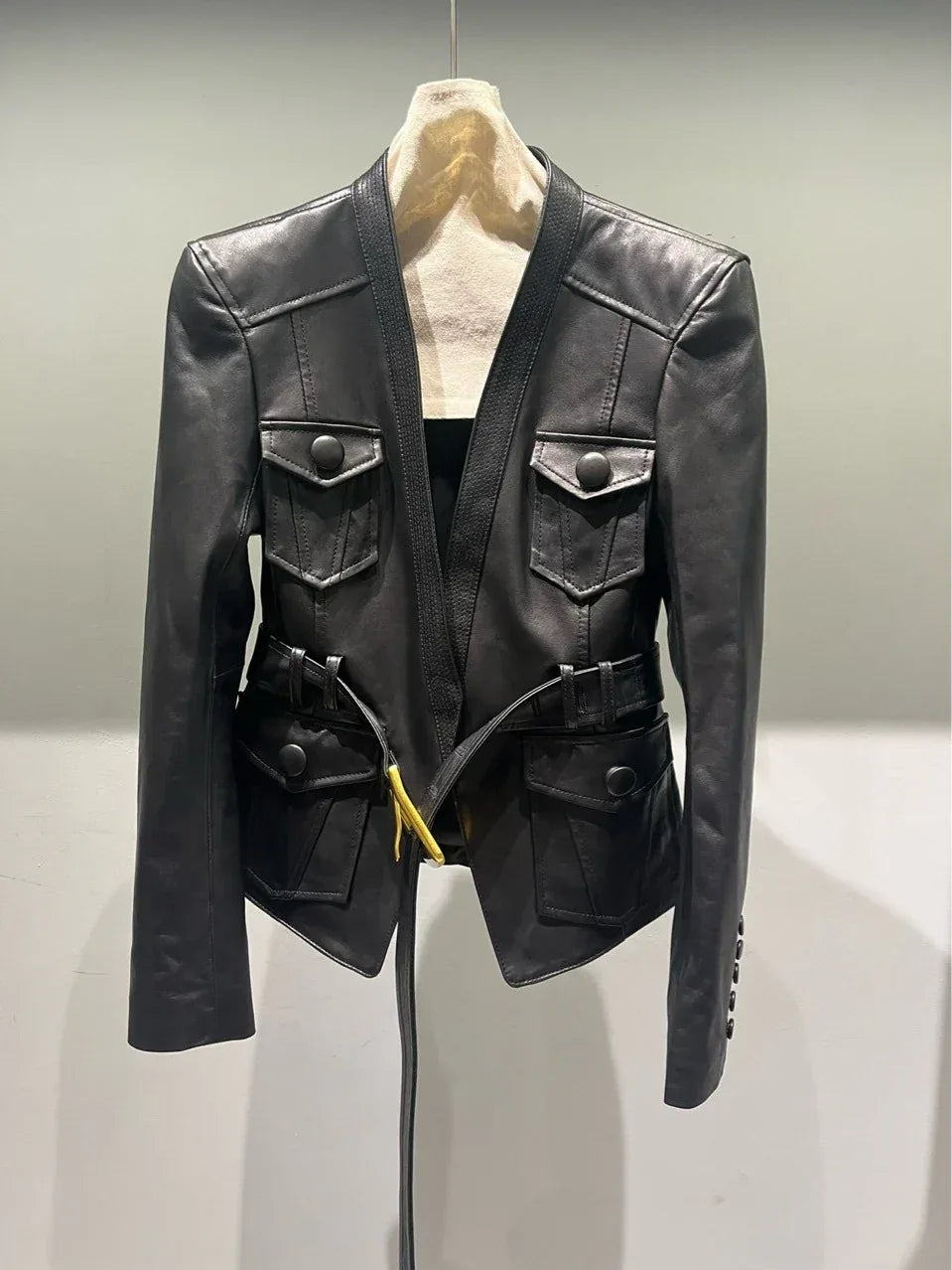 Women Leather Bomber Belted Jacket Black Moto Blazer for Women