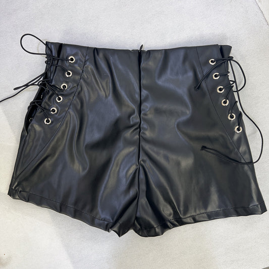 Black Faux Leather Lace-Up High Waisted Shorts