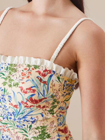 Floral Ruffle One Piece Swimsuit with Square Neck
