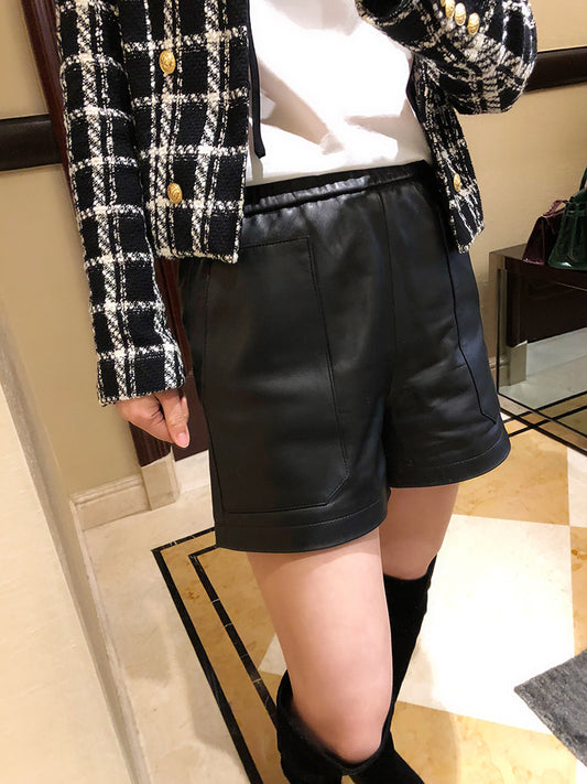 Women’s Genuine Sheepskin Leather High Waist Shorts with Pockets