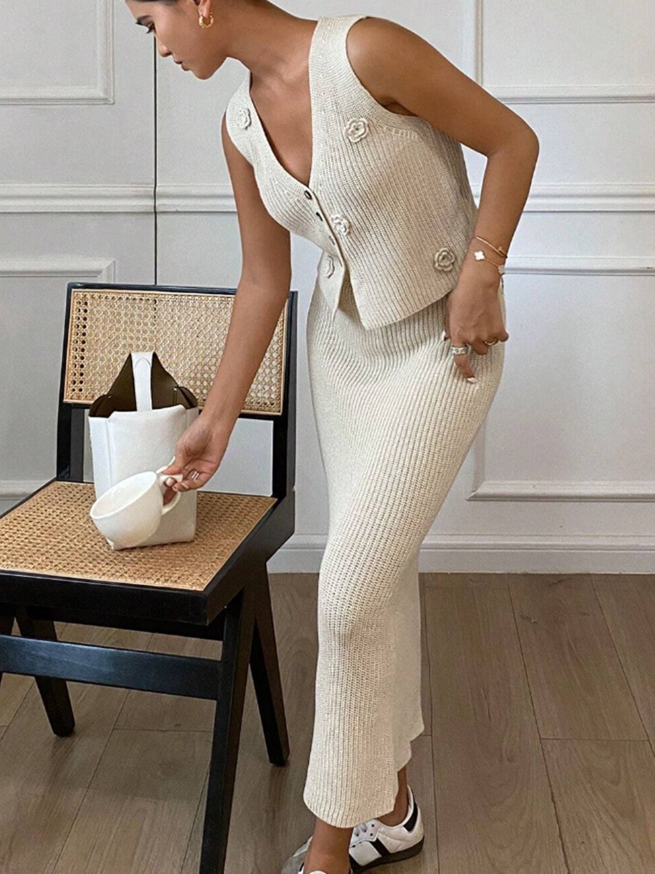 Sleeveless V Neck Button Top with Matching Midi Skirt