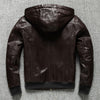 Men Hooded Goatskin Leather Bomber Baseball Jacket