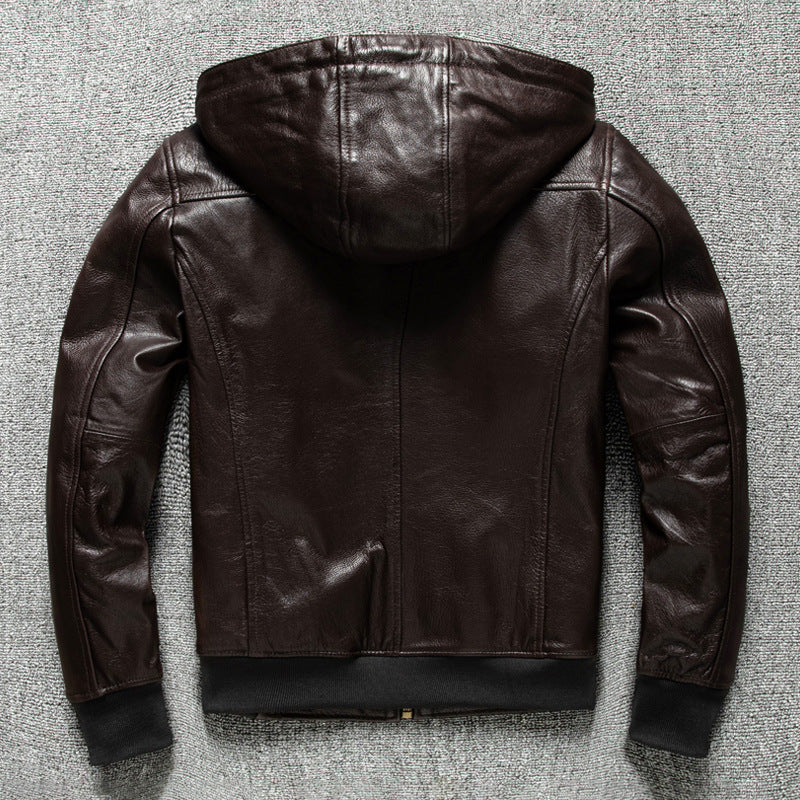 Men Hooded Goatskin Leather Bomber Baseball Jacket