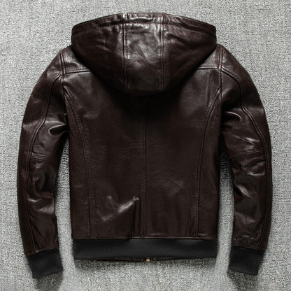 Men Hooded Goatskin Leather Bomber Baseball Jacket