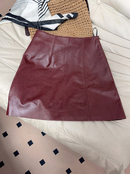 Women Leather Mini Skirt High Waist A-Line with Slit