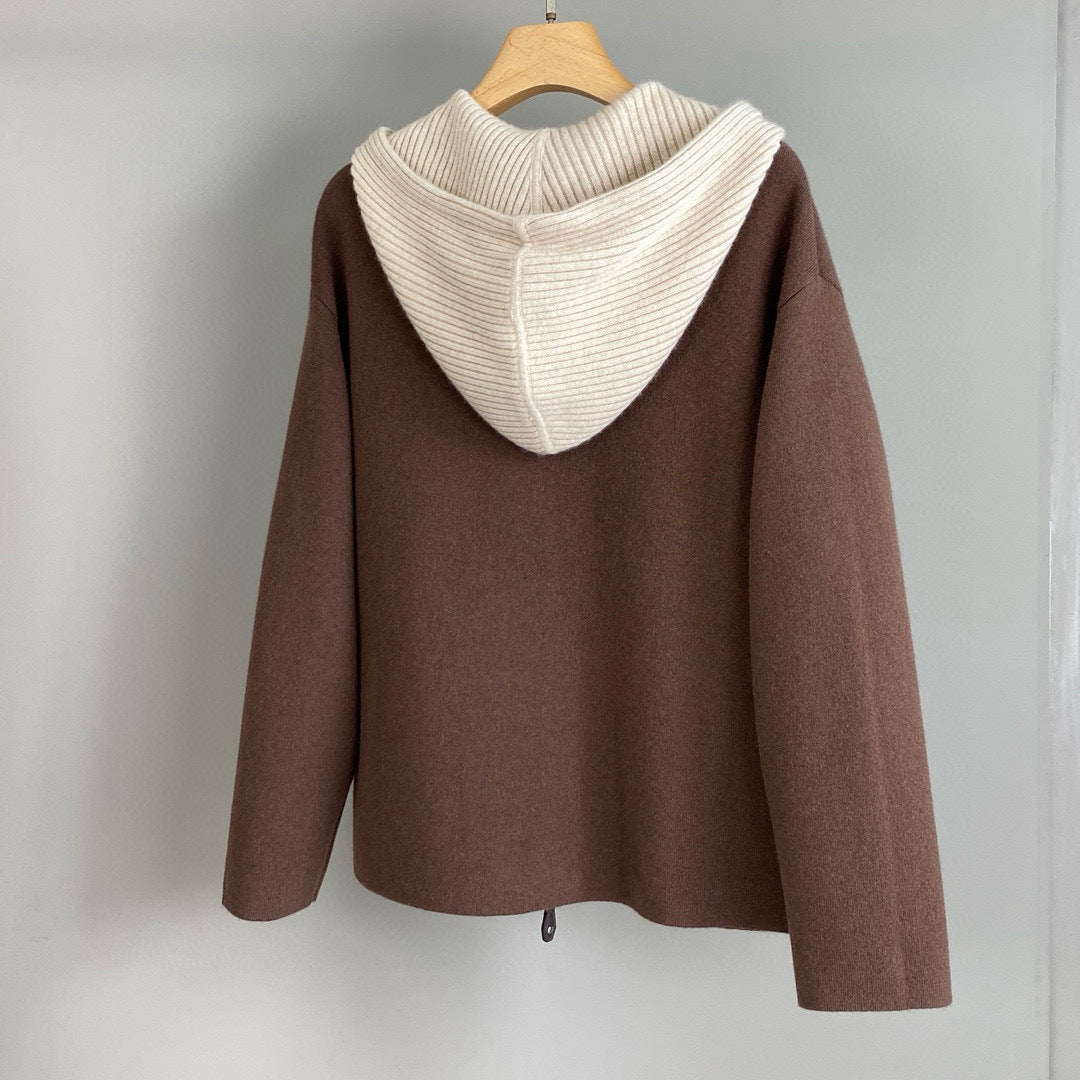 Women Cashmere Wool Hooded Sweater Zip Front Knitted Cardigan