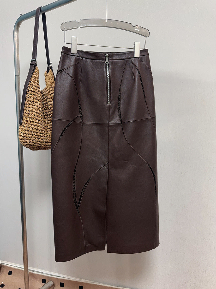 Women’s Leather Maxi Skirt with Embroidered Hollow Detailing