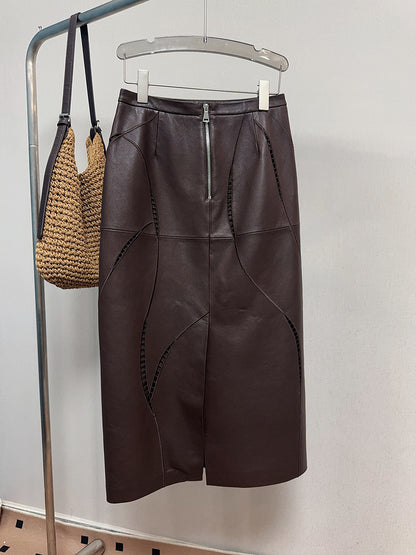 Women’s Leather Maxi Skirt with Embroidered Hollow Detailing