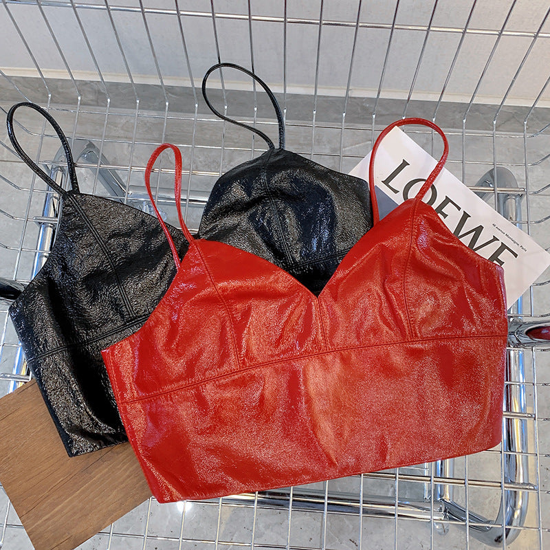 Women Genuine Leather Camisole Top With Zipper Back