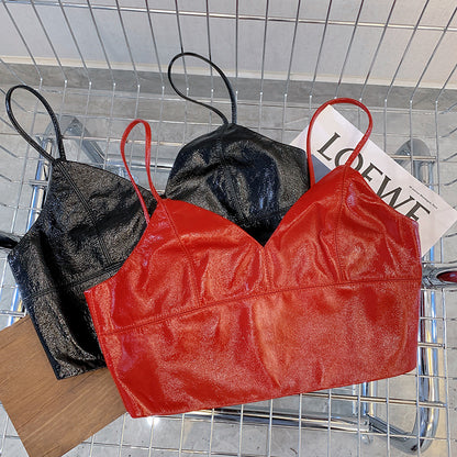 Women Genuine Leather Camisole Top With Zipper Back