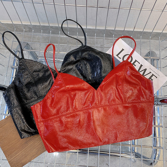 Women Genuine Leather Camisole Top With Zipper Back