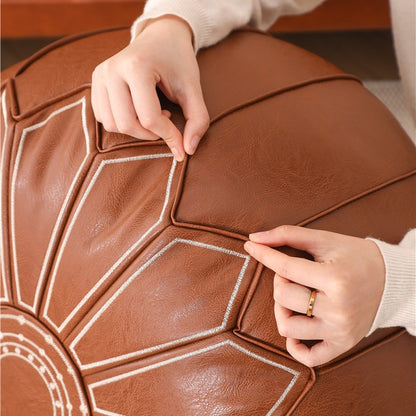 Round Faux Leather Pouf Ottoman Cover with Pumpkin Stitching