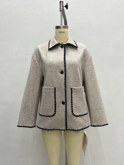 Women’s Wool Blend Contrast Trim Lapel Jacket with Double Pockets