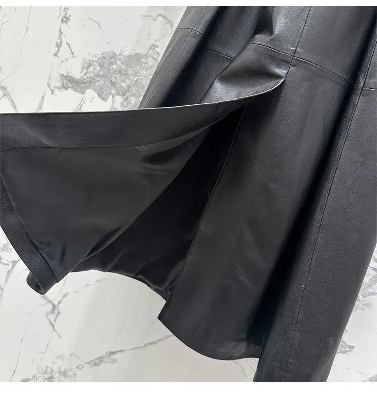 Women sheepskin leather trench coat long belt - Boho Living Room