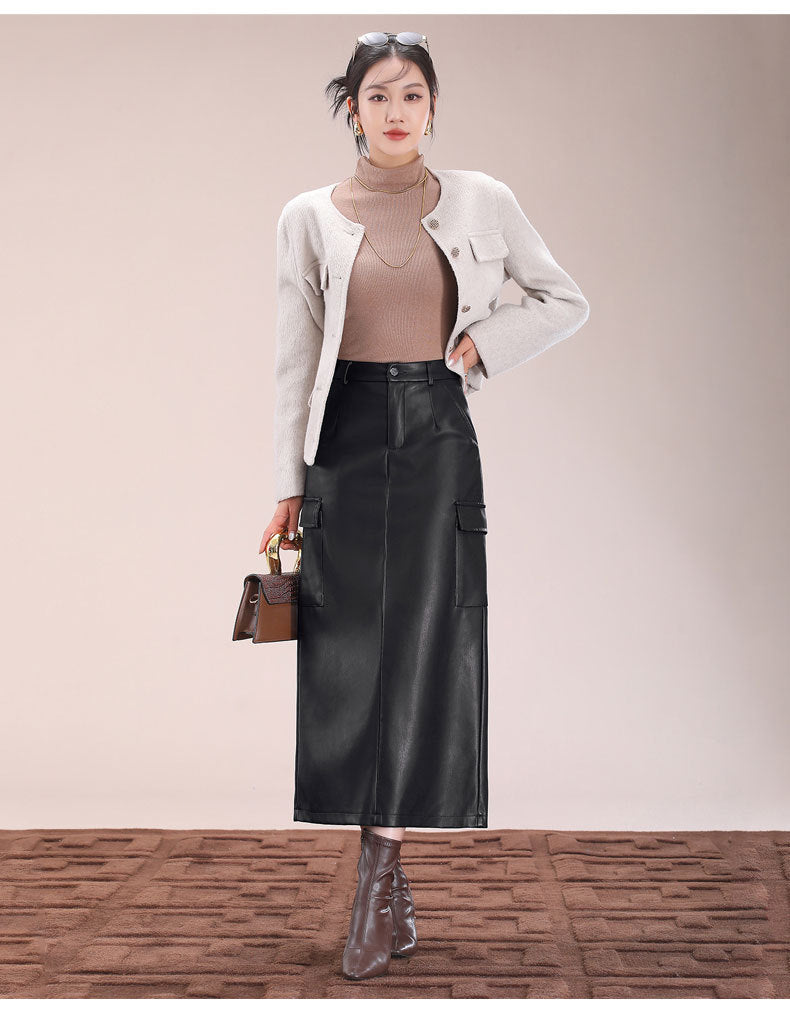 Flap Pocket Split Thigh Imitation Leather Skirt