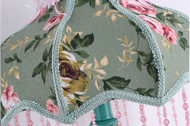 Floral victorian green fabric beaded table lamp