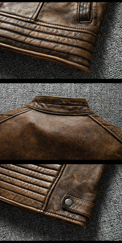 Men’s Vintage Distressed Biker Leather Jacket Slim Fit