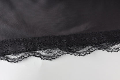 Black Satin Lace Trim Slit Mini Skirt
