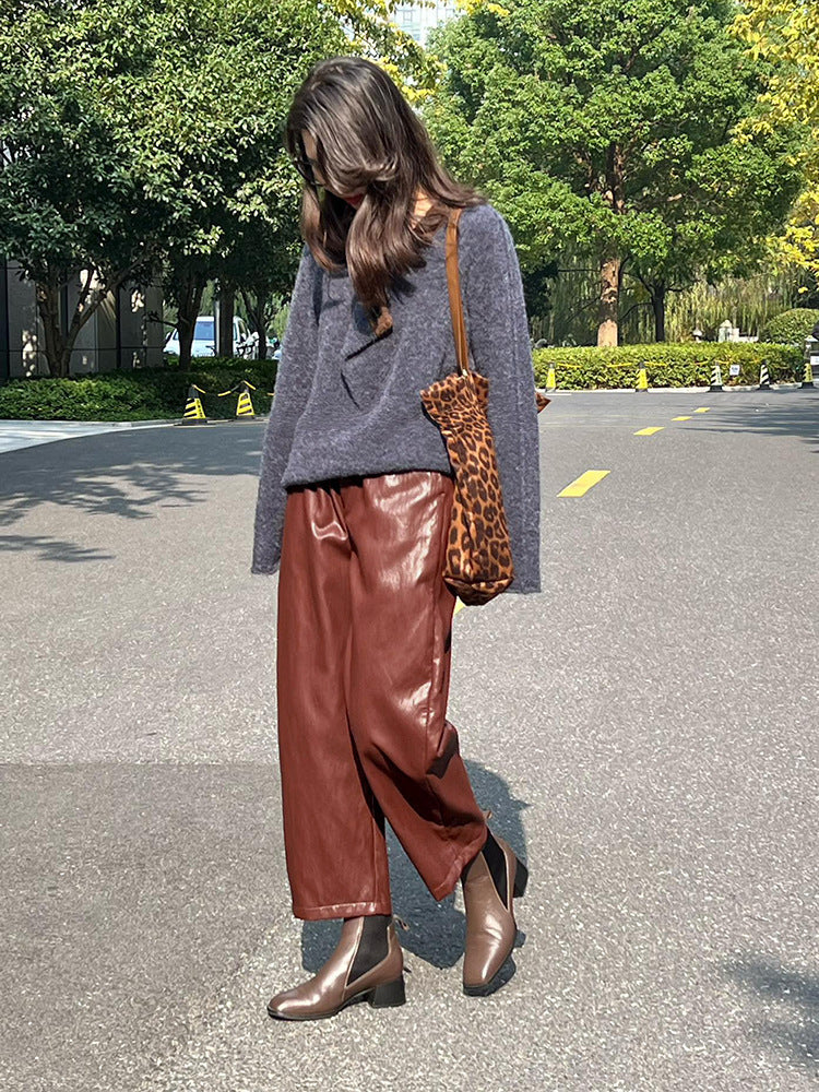 Women Leather Baggy Pants Retro Elastic Waist Loose Fit