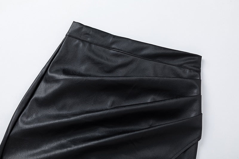 High Waisted PU Leather Wrap Skirt with Slit