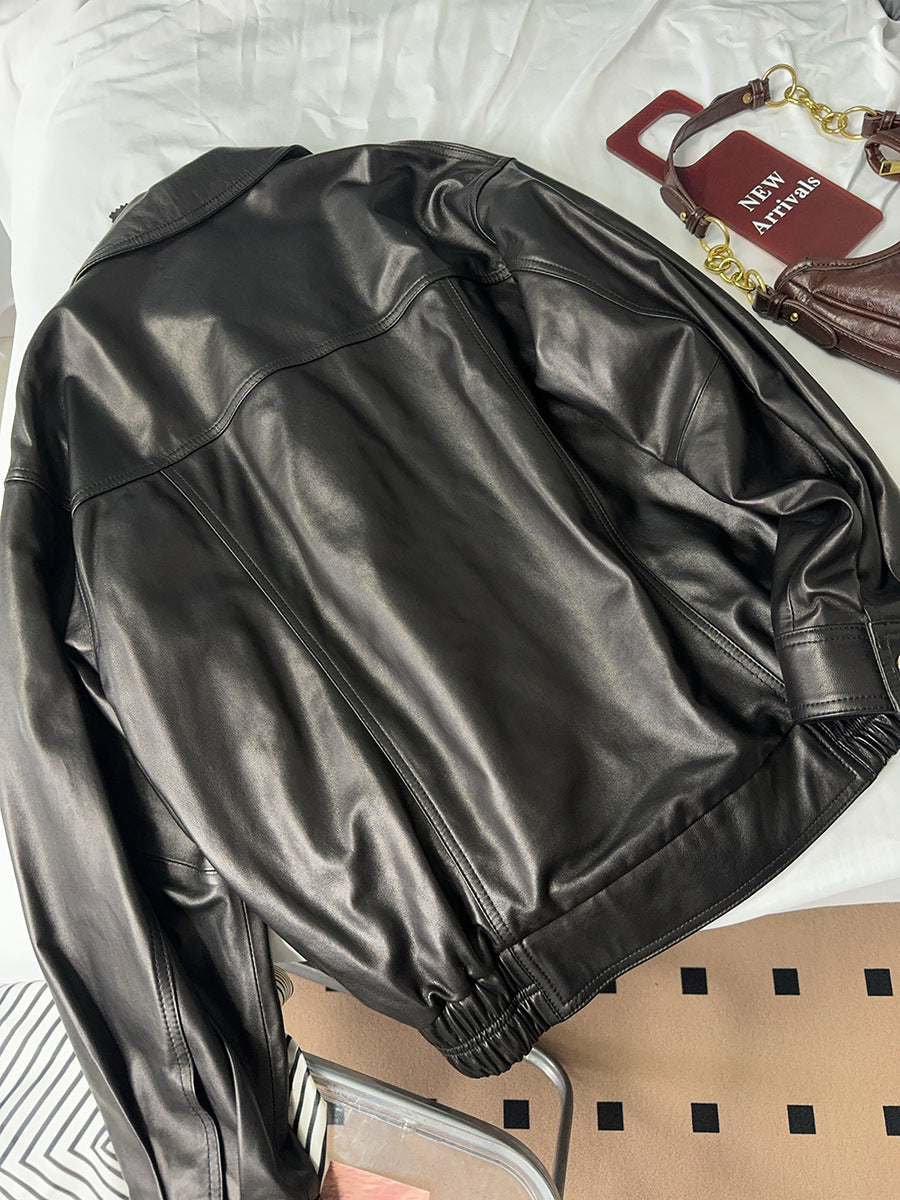 Retro black women leather flight jacket