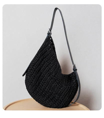 Woven Summer Shoulder Beach Bag with Leather Base
