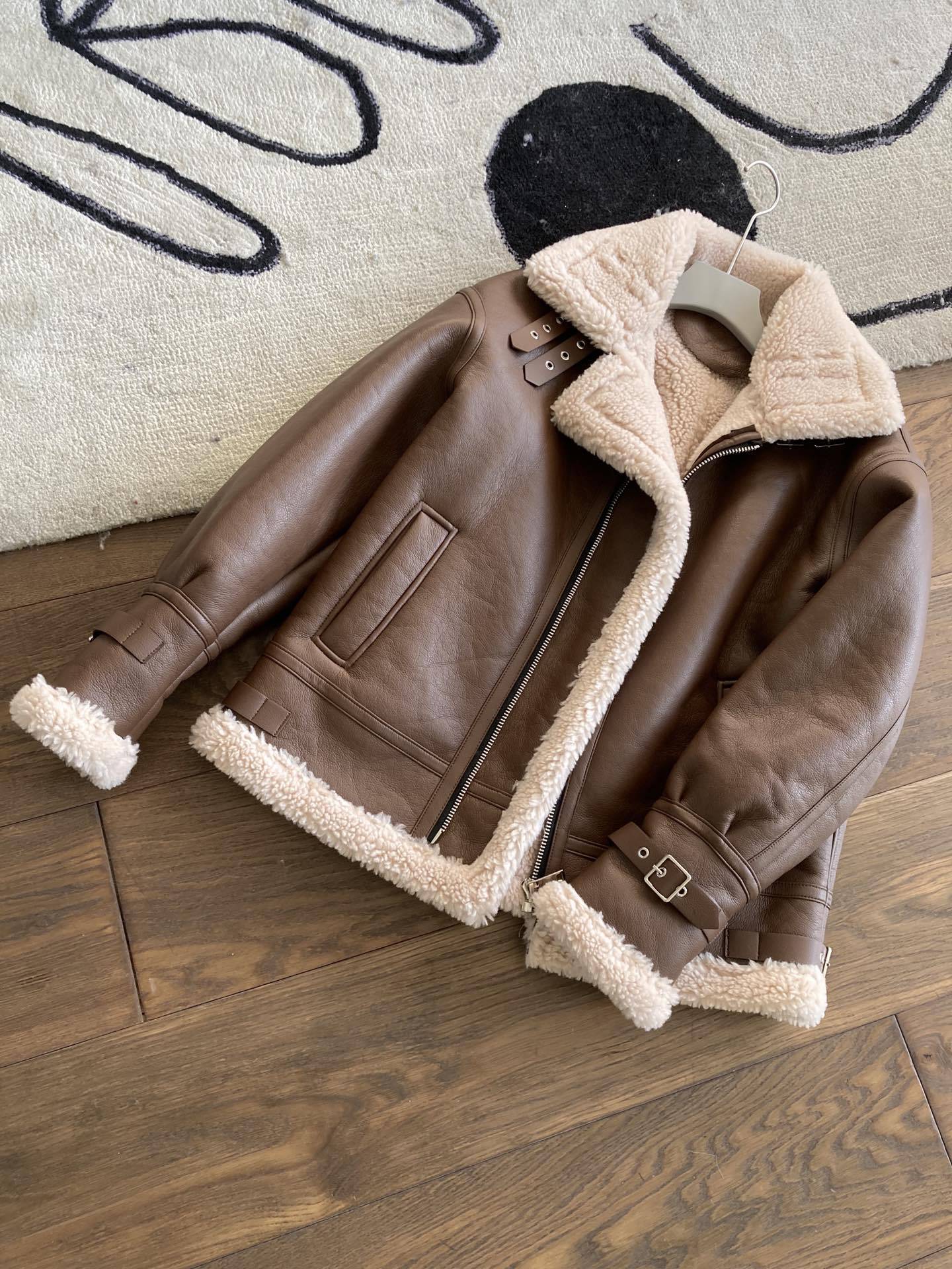 Brown faux shearling aviator leather bomber jacket