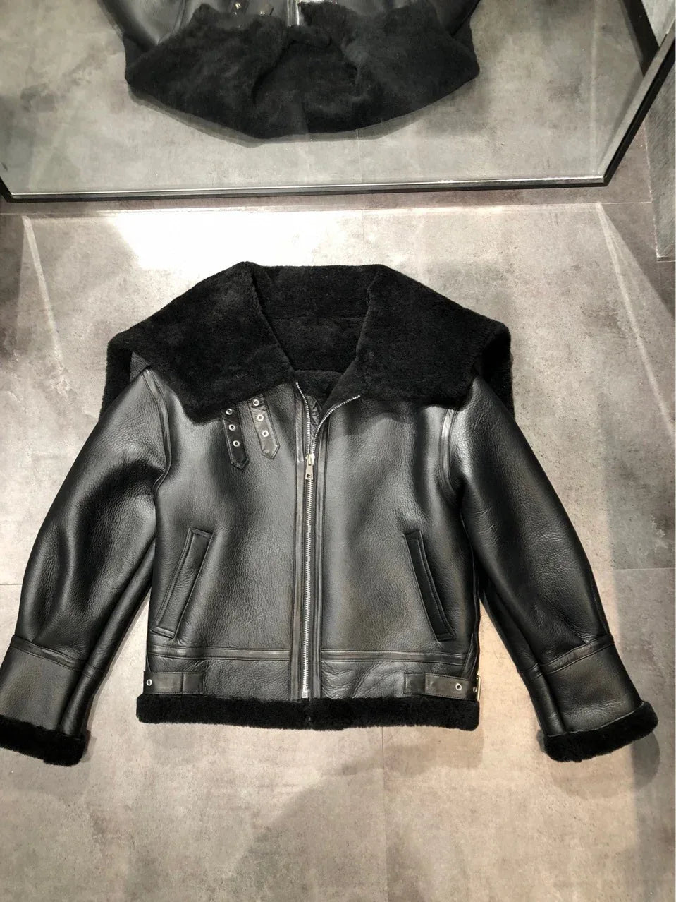 Women’s Black Leather Bomber Jacket with Fur Collar