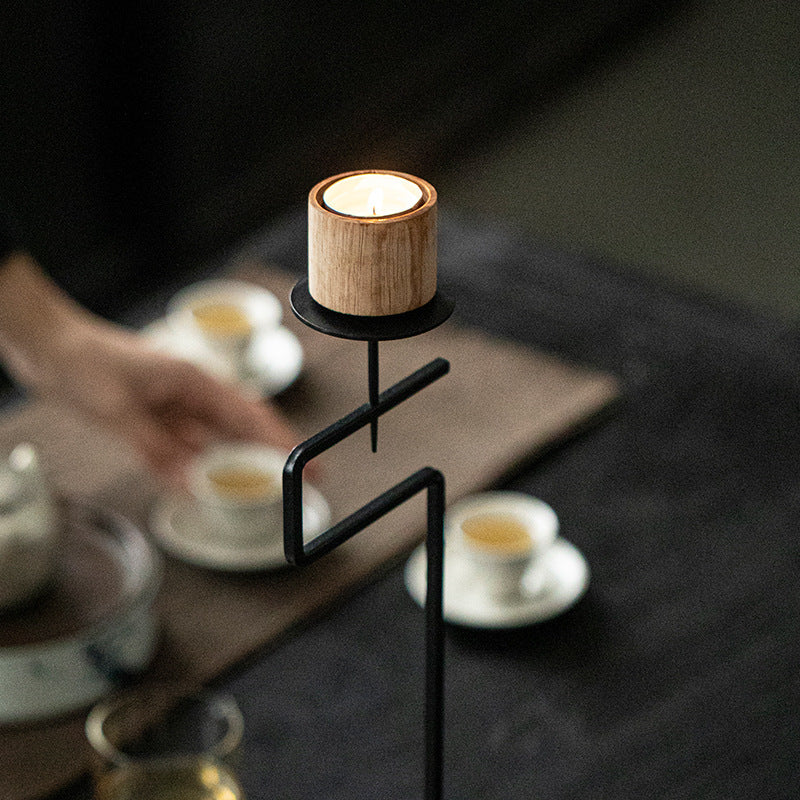 Black Wrought Iron Candle Stand with Wooden Cup – 45 cm