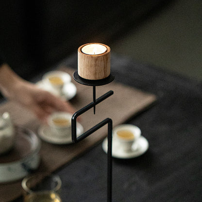 Black Wrought Iron Candle Stand with Wooden Cup – 45 cm