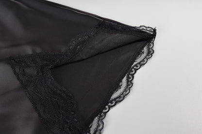 Black Satin Lace Trim Slit Mini Skirt