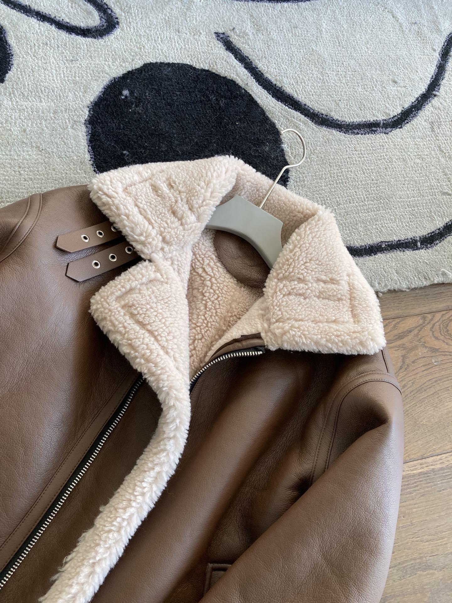 Brown faux shearling aviator leather bomber jacket