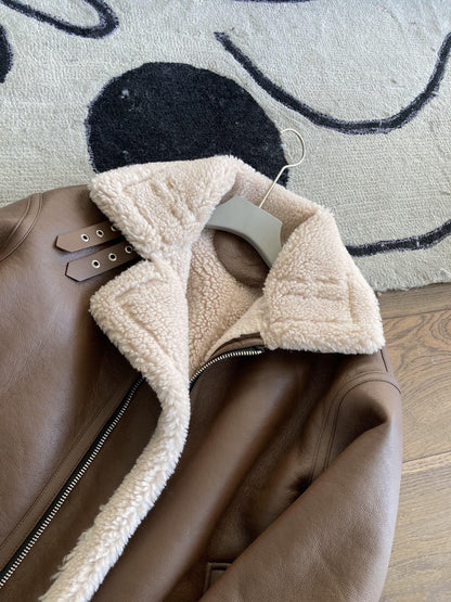 Brown faux shearling aviator leather bomber jacket