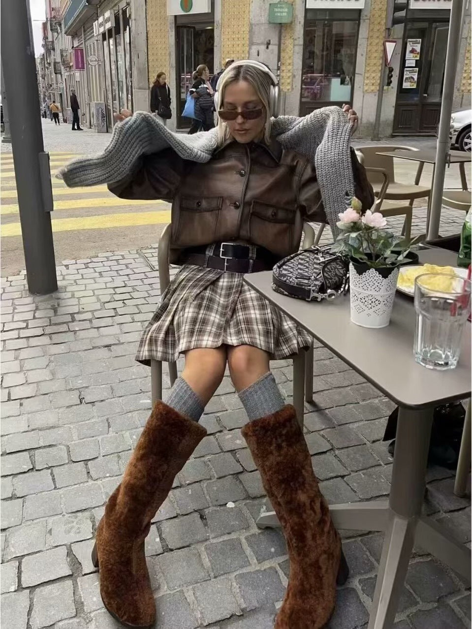 Brown Faux Leather Bomber Jacket for Women Cropped