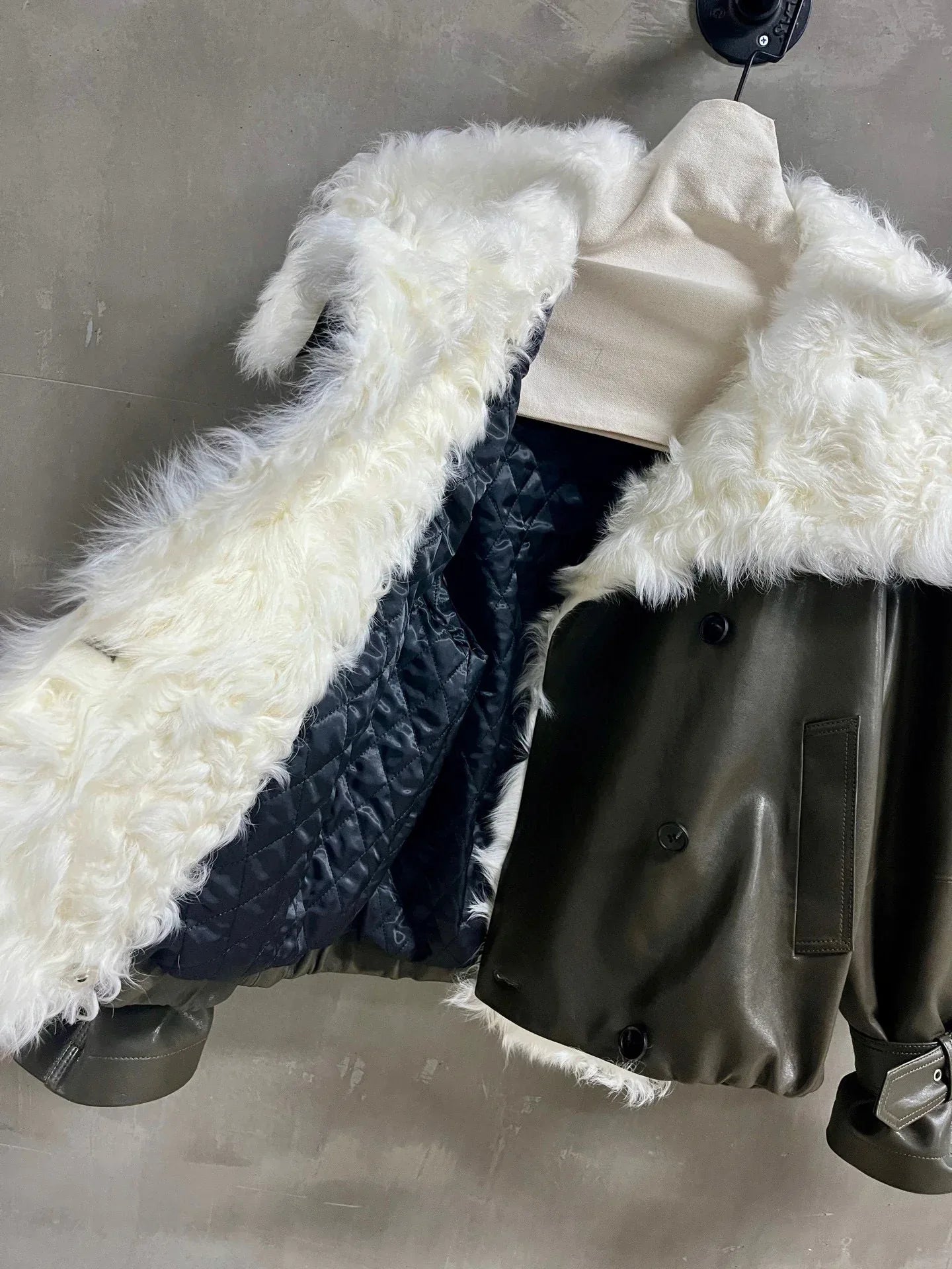 Women’s Olive Green Leather Jacket with Real Fur Collar